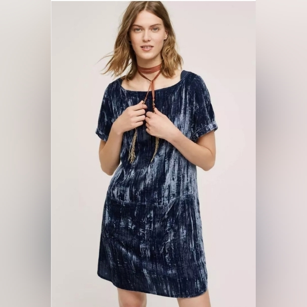 Anthropologie Floreat Women's Dress Blue Crinkled Crushed Velvet Size XS